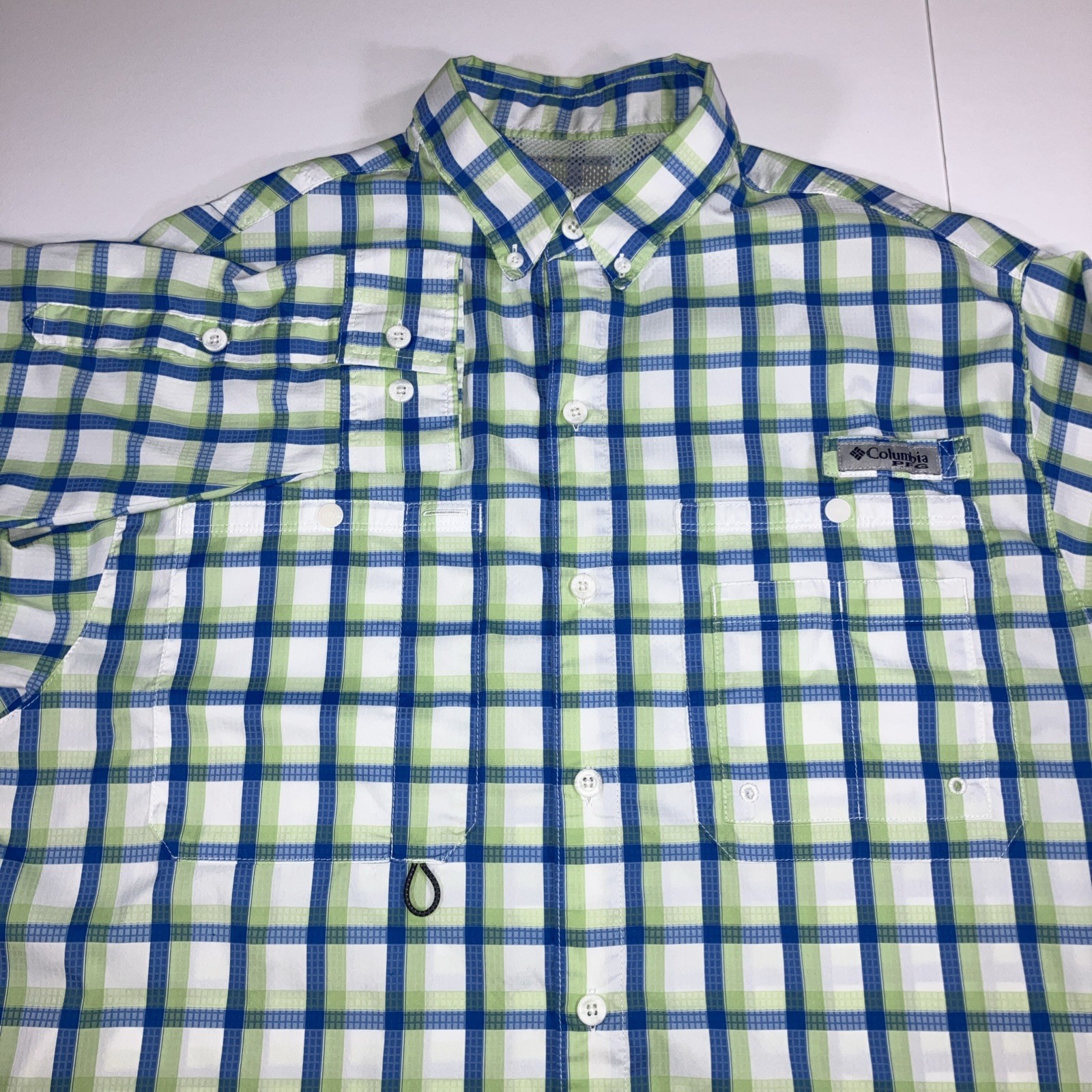 Columbia PFG Performance Fishing Shirt L Blue Green Plaid Tamiami Vent Mens Flaw
