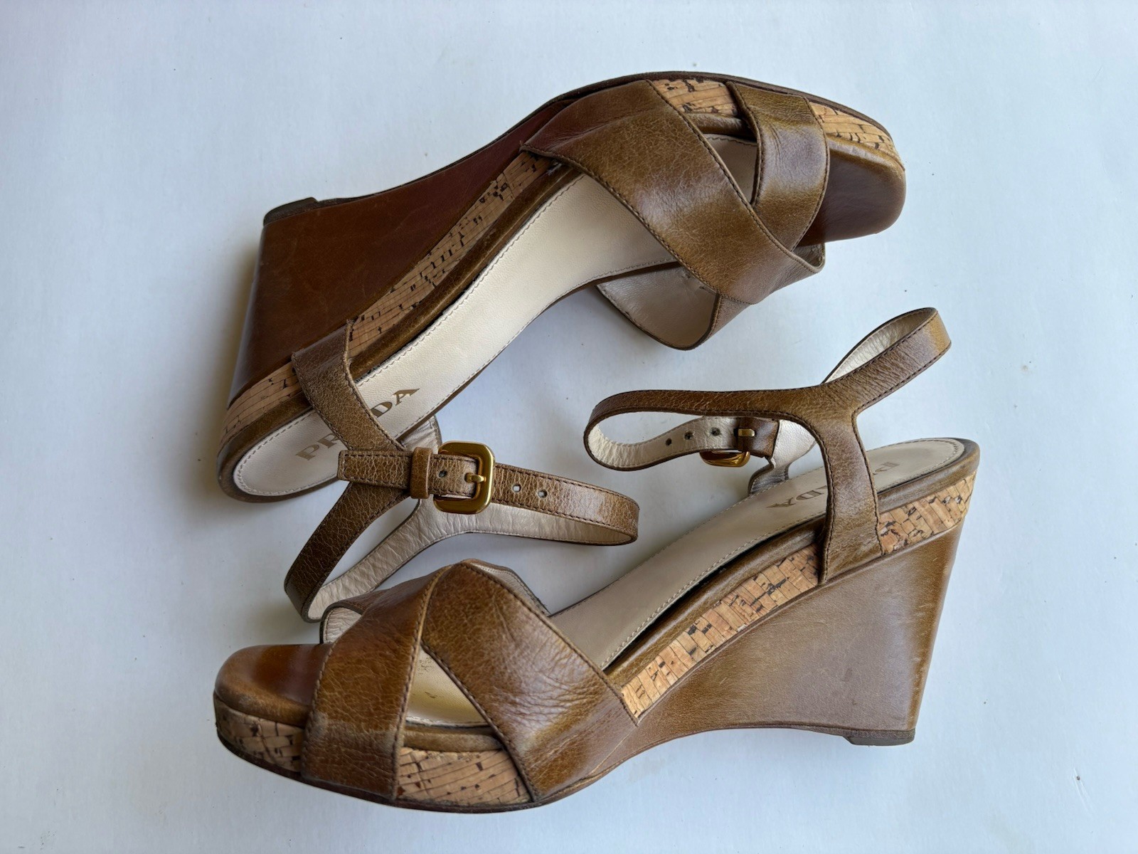 Prada Wedge Sandals Open Toe Ankle Strap Brown Leather Sz EUR 38 thumbnail 5