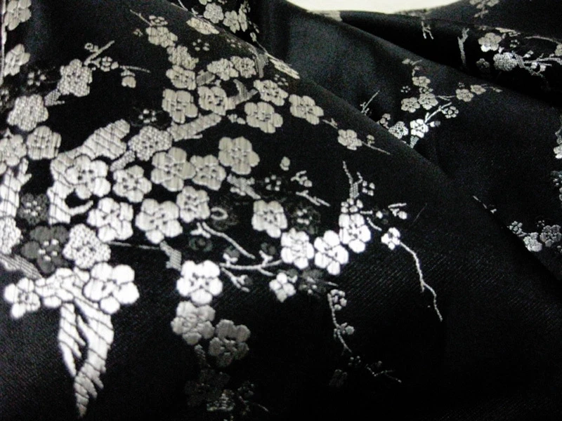 Ткань вишневый цветок кизил искусственный шелк парча материал 36 дюймов ширина BTY черное серебро  - Изображение 4 из 4