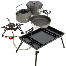 Fishing Bivvy Table Metal Folding Extendable + Camping Stove & Pots Pans Kettle