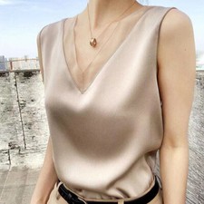 OL Elegant Women Sleeveless V-neck Silk Satin Tank Camisole T-shirt Tops Blouse 