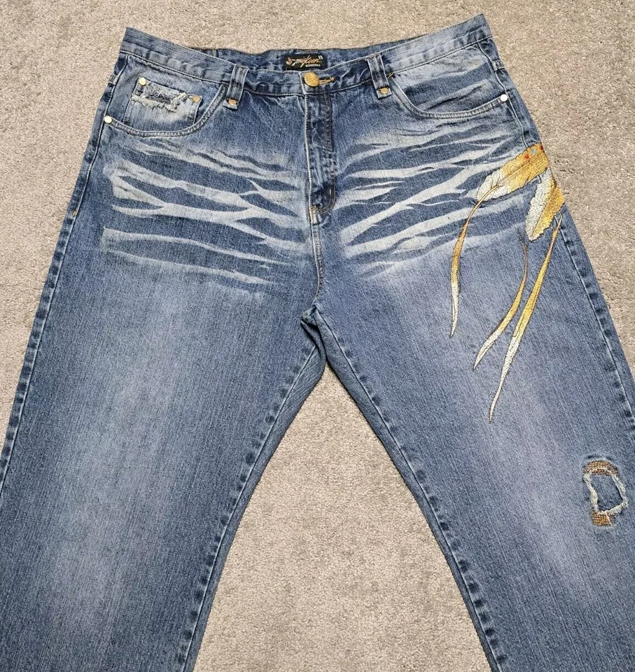 Vintage Miskeen Jeans Mens 40x32 Baggy Y2K Embroidered Aztec Skater Hip Hop - Image 3 of 4
