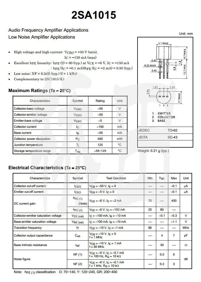 A1015 Datasheet, Equivalent, Pinout, Circuit, Uses Ovaga, 50% OFF