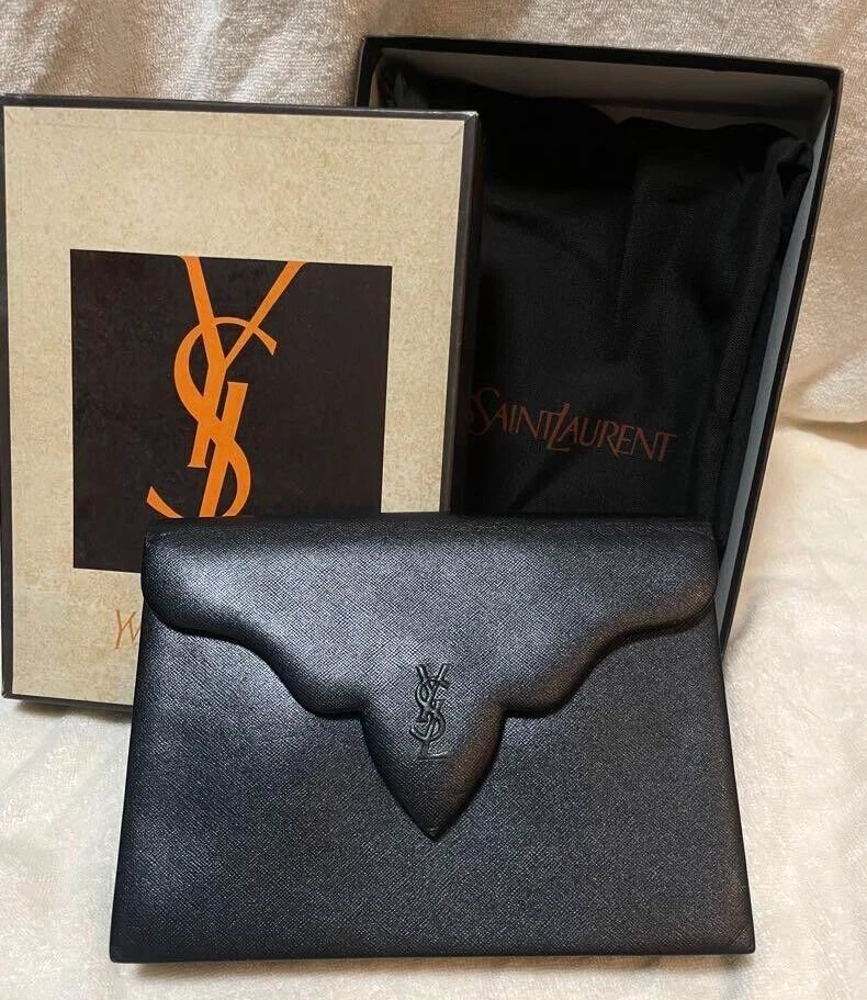 Yves Saint Laurent Black Saffiano Leather Clutch Bag YSL With Box and Dust  Bag