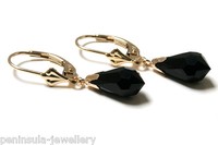 9ct Gold Black Swarovski Crystal Elements Leverback Earrings Made In Uk 9ct Gold Black Swarovski Crystal Elements Leverback Earrings Made In Uk