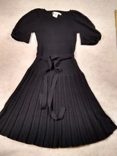 Max Studio Knit Dress Womens M Black Ribbed Stetchy Fit Flare Tie Witchy Gothic