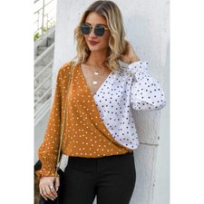 Polka Dot Surplice Neck Lantern Sleeve Blouse