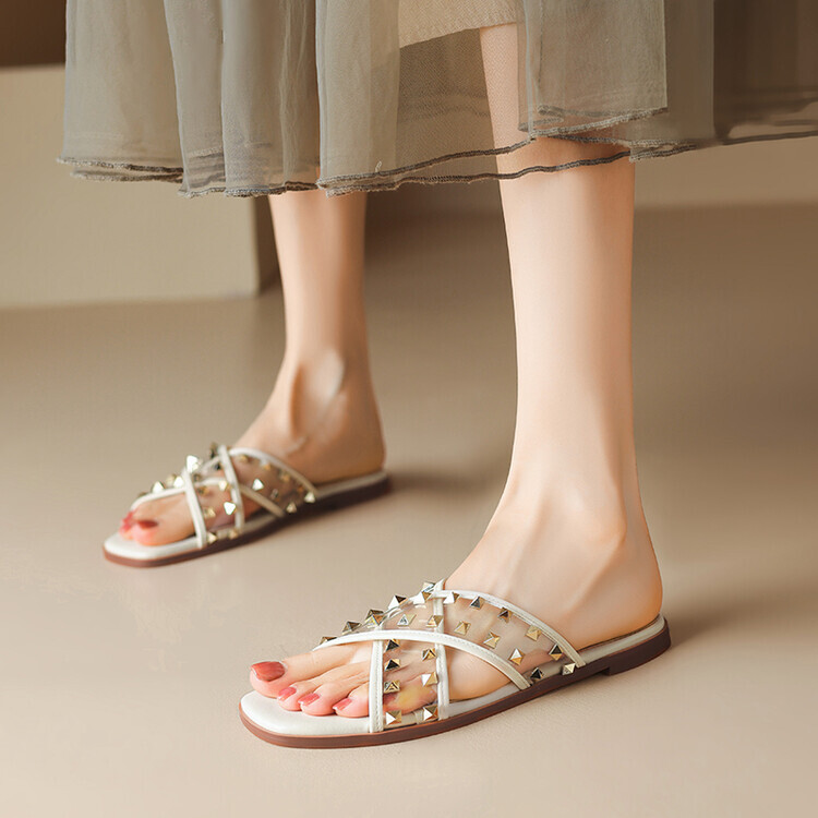 PANTOFOLA D’ORO Scarpe sandali ciabatte da spiaggia incrociate borchie trasparenti donna moda mules b95