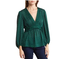 Max Studio Emerald Green V-Neck Long Sleeve Peplum Blouse Women's M