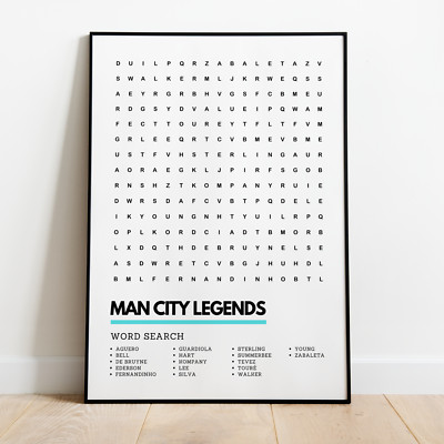 Manchester City Legends Wortsuche Kunstdruck A3 A4 Wandkunst Dekor Mankave Geschenk