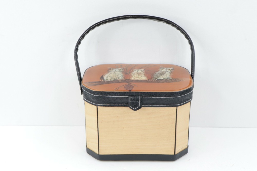 Vtg 70s Mid Century Modern MCM Wood Leather Handle Owl Vanity Case Makeup Bag
