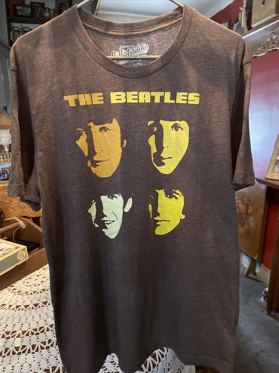 BEATLES T-SHIRT OLD NAVY Tshirt SIZE LARGE COLLECTABILITEES Four Faces Brown
