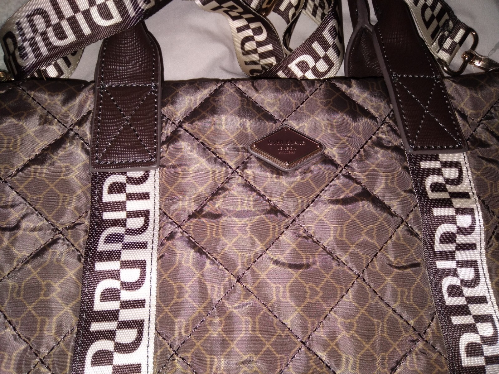 River Island Brown Monogram Padded Quilted Tote Bag S/Medium Sized eBay