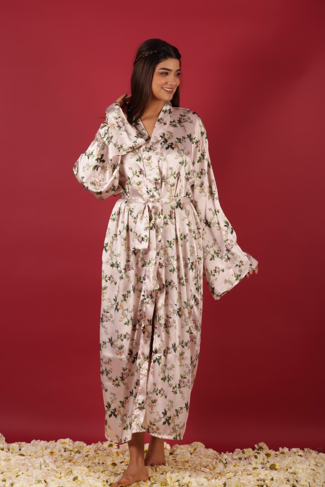 как выглядит Indian Floral Designing print White robe gown women Boho maxi kimono dress фото