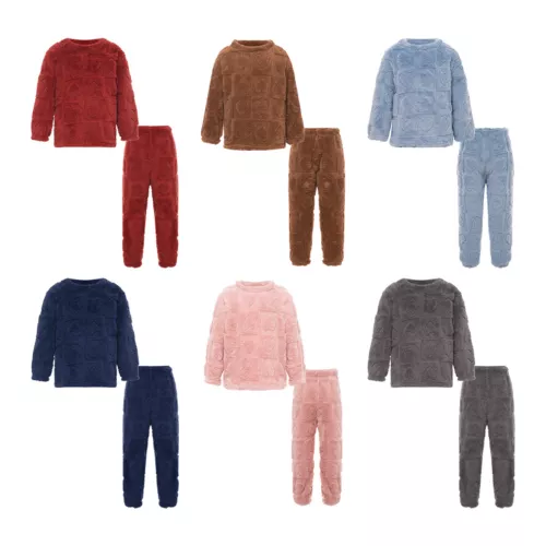 Kids Boys Girls Pajamas Set Solid Color Tops With Pants Round Neck Flannel Suit - Foto 2 di 72