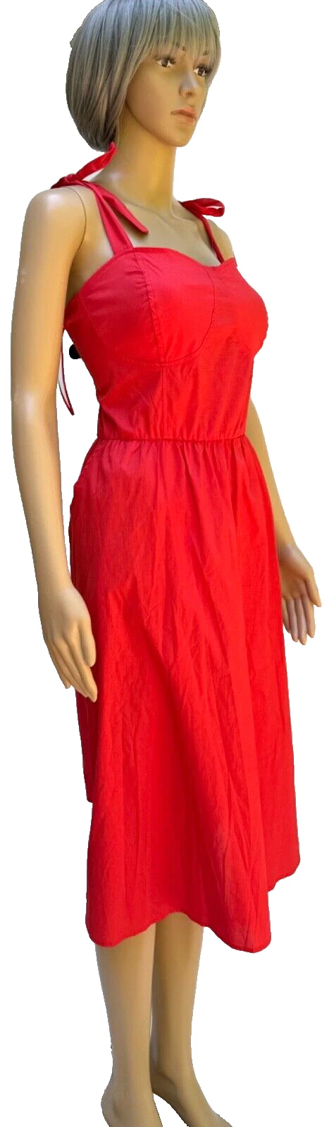 VETEMENTS Abito midi LAUREN CONRAD arancione aderente e svasato spalline fiocchi smocked XL