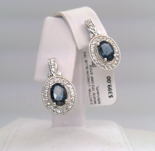 $399 SS/14KPL 925 REAL NATURAL LONDON BLUE TOPAZ/WHITE TOPAZ DROP EARRING STUDS