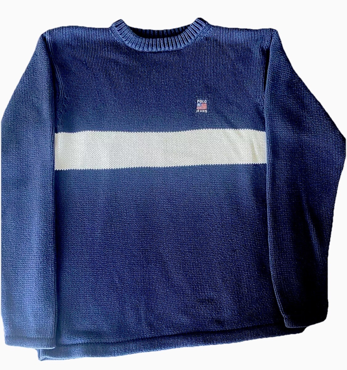 Vintage Polo Jeans Ralph Lauren Sweater Mens XL Blue Colorblock Flag Knit