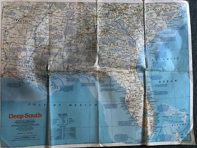 MAP OF THE DEEP SOUTH UNITED STATES. CLASSIC NATIONAL GEOGRAPHIC MAP FROM 1983.