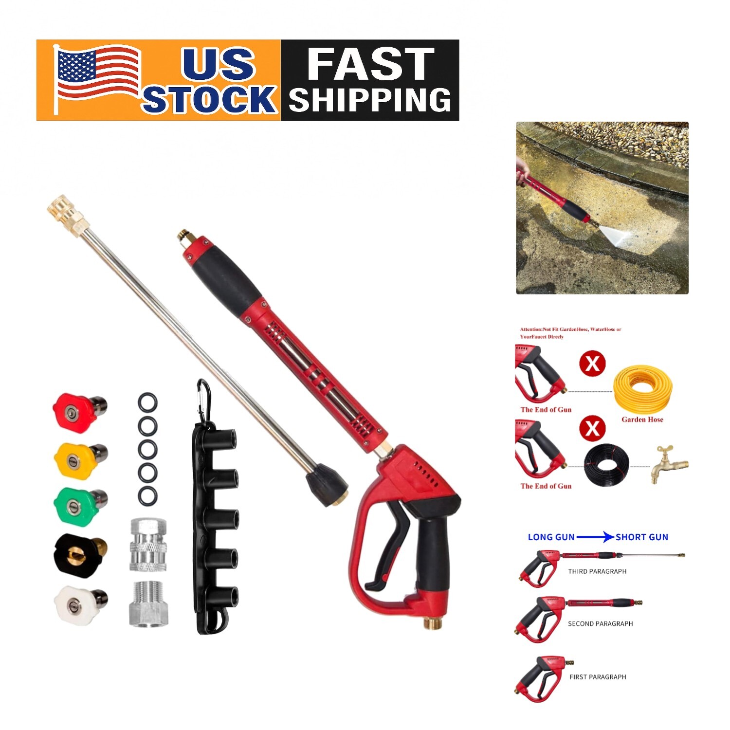 High Power Red Washer Gun, Includes 5 Nozzle Tips & 40-Inch Wand for Cleaning