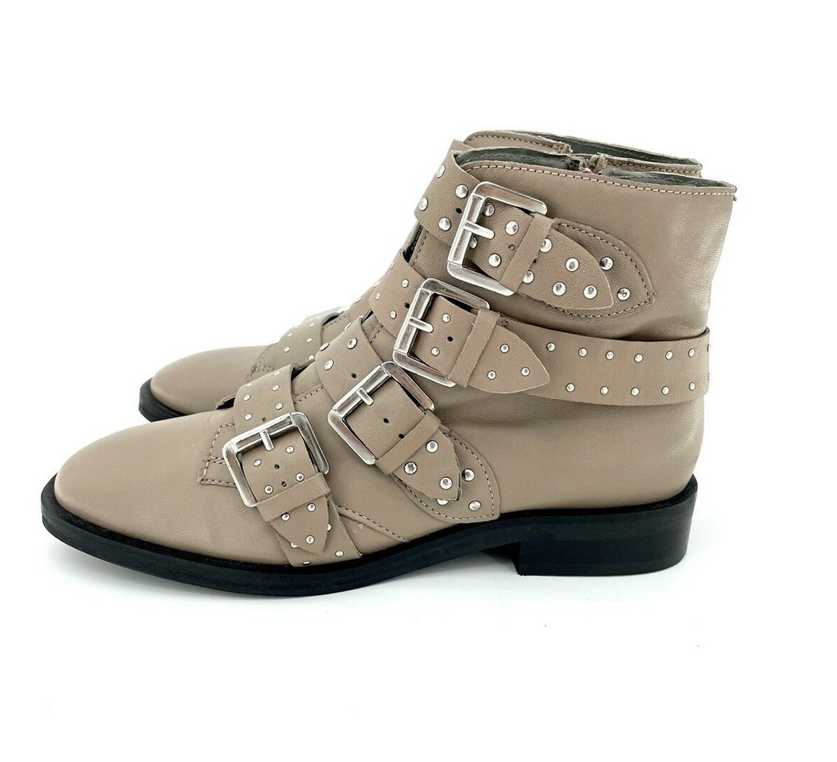 Topshop Paige Beige Leather Studded Buckle Straps Ankle Boots SZ