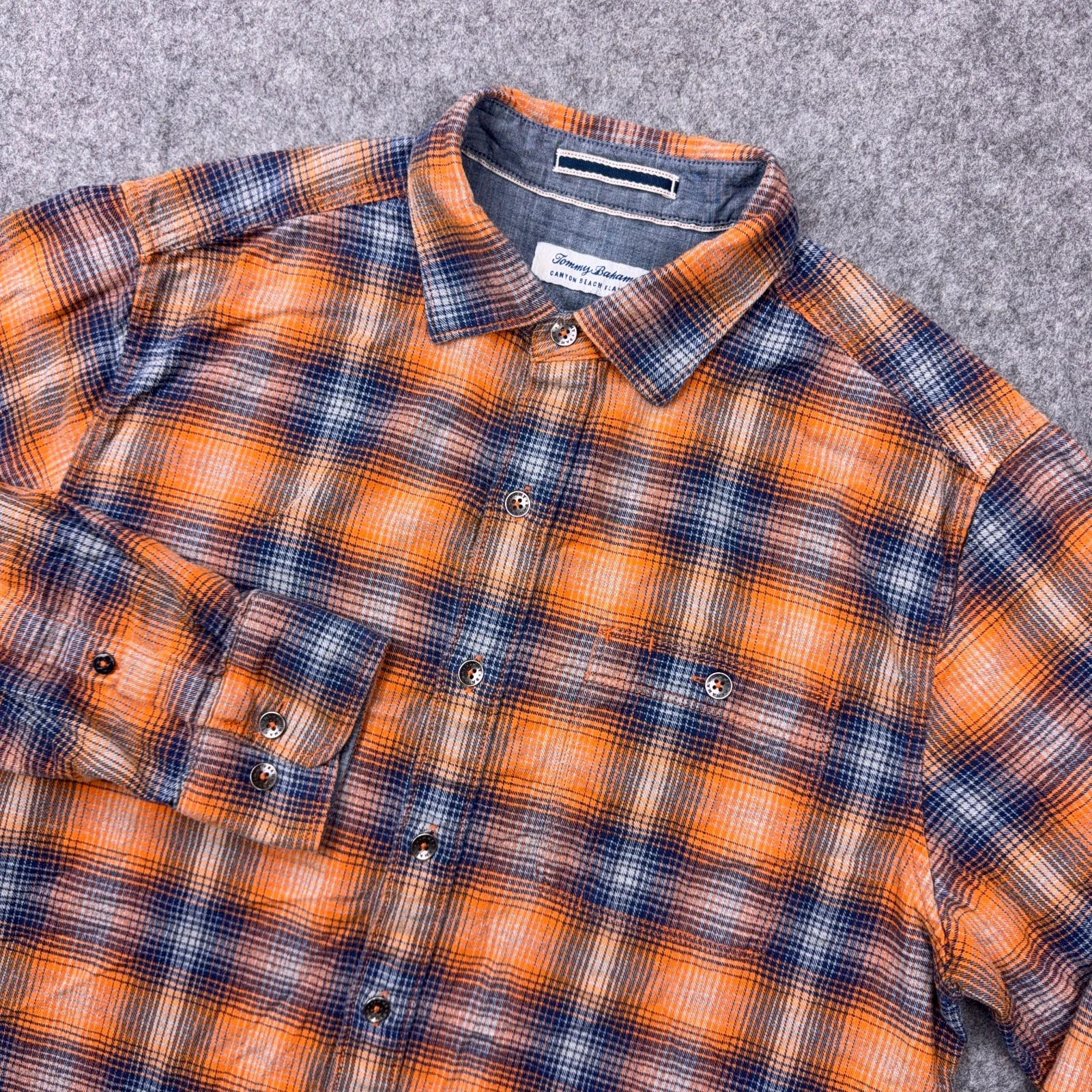 Tommy Bahama Shirt Mens Medium Orange Plaid Canyon Beach Flannel Button Up
