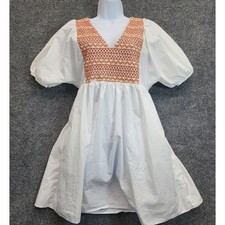 Madewell Women's Smocked V-Neck Puff Sleeve Boho Cottagecore Embroidered Dress M
