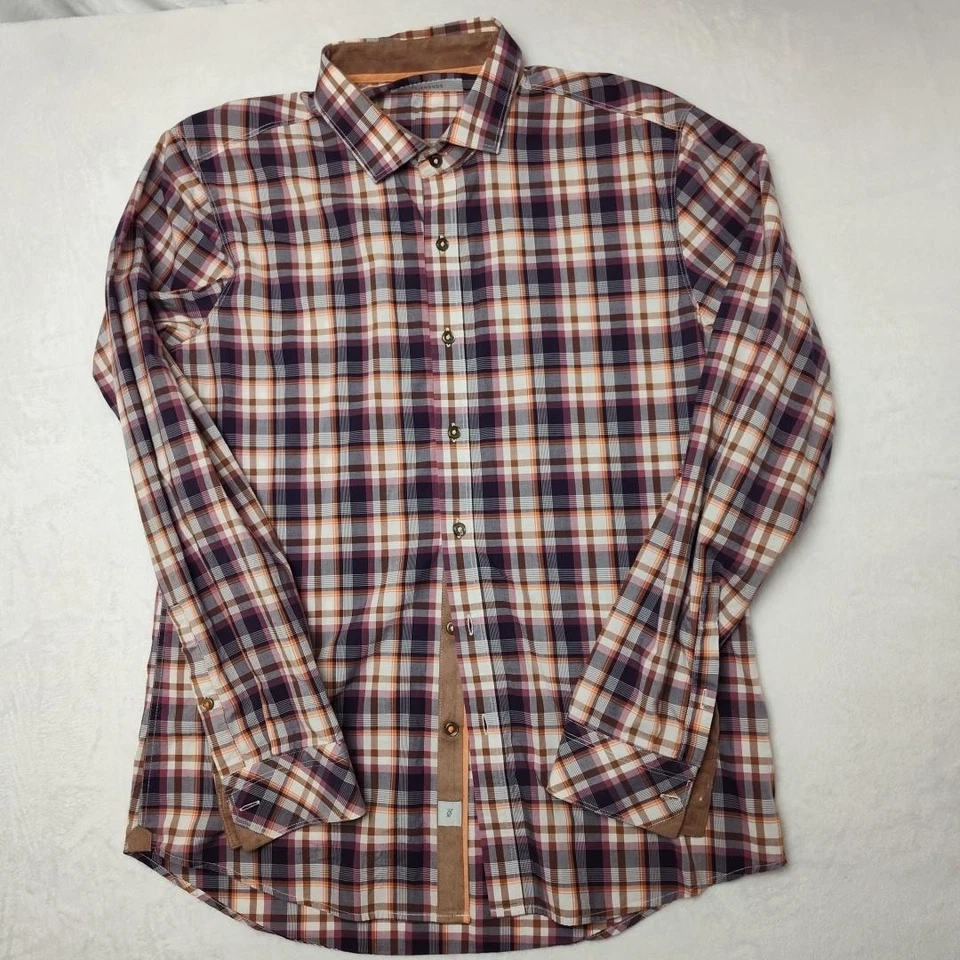 7Diamonds Shirt Mens Medium Purple Orange Plaid Sun Is Shining Long Sleeve Suede - Image 2 of 4