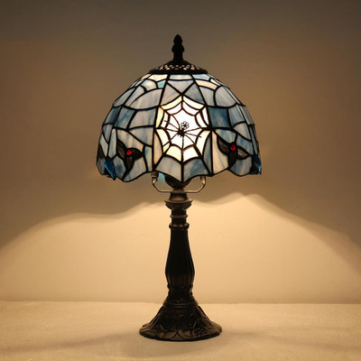 Vintage Tiffany Style Gothic Spider Stained Glass Table Lamp 8'' Halloween Light