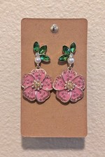 Pink Flower Green Leaf Rhinestone Dangle Drop...