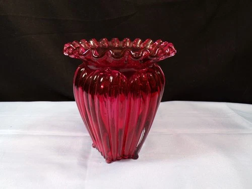 Fenton Cranberry Glass Vase w/ Ribbed Design 4 5/8" Tall