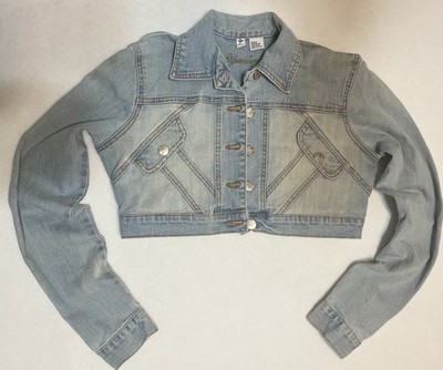 Younique Cropped Jean Jacket Medium Light Blue Denim Stretch Buttons Y2K Vintage
