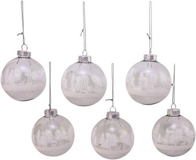 Kurt Adler 80MM Clear with White Tree Design Ball Holiday Ornaments Set Of 6