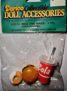 Doll Snack Set 3 PCS: Burger, Cola Soda, Doughnut. New In Box Darice Collectible