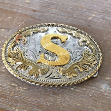INITIAL " S " RODEO COWBOY LETTER SHINE GOLD SILVER WESTERN BELT BUCKLE Z80 