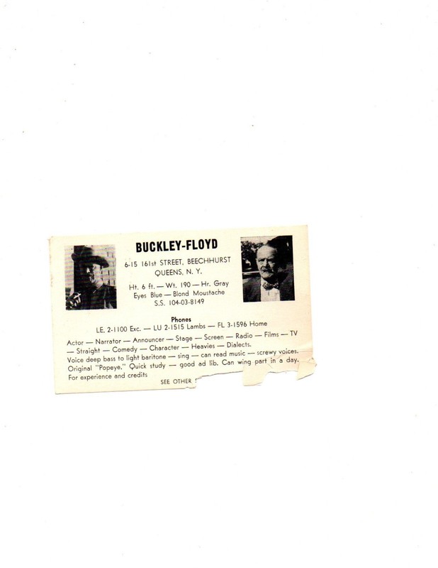 BUCKLEY FLOYD - Announcer, Actor Stage Screen Radio Business Card 1950 2-sided