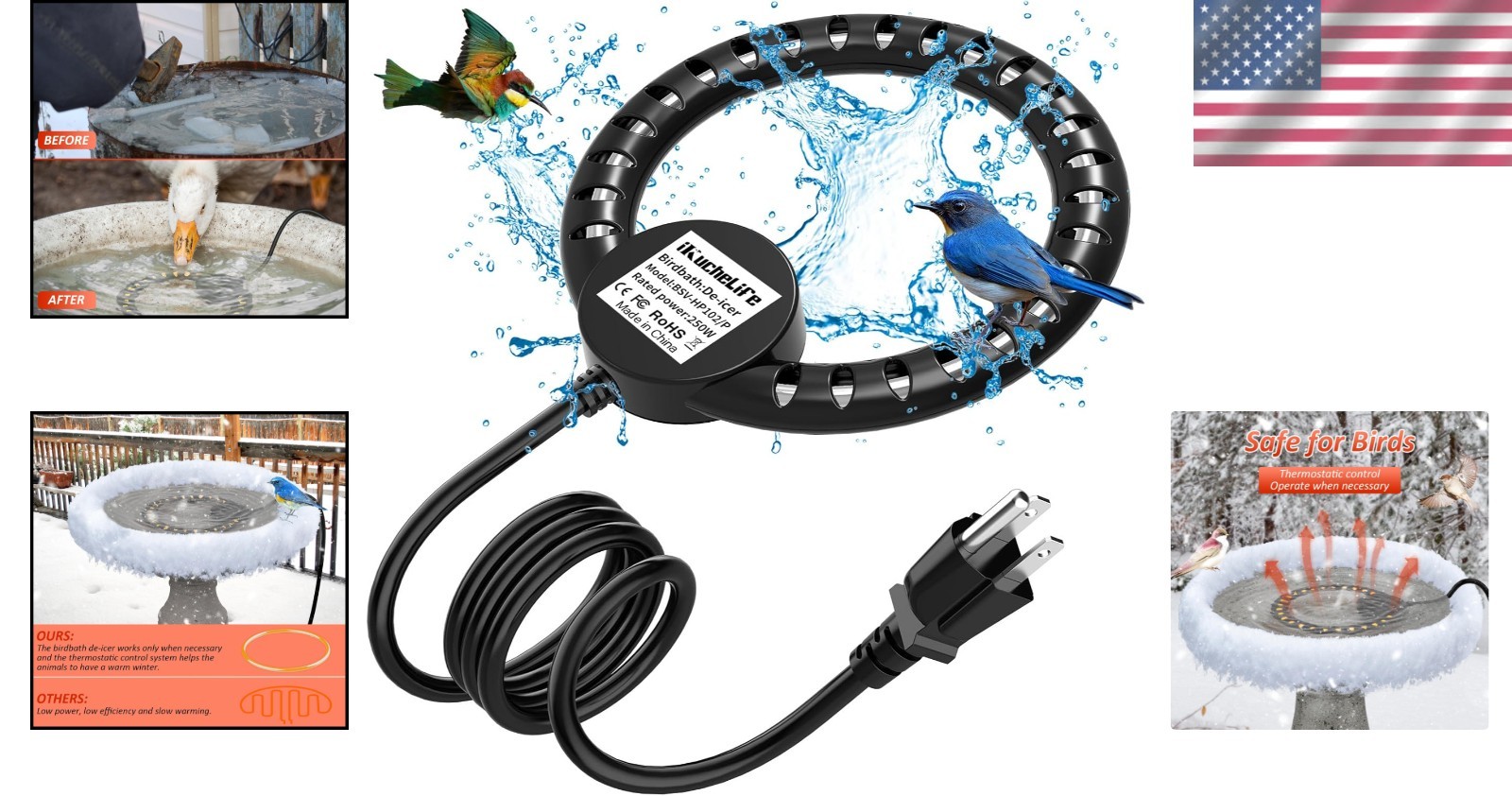 Outdoor Bird Bath Heater 250W - Automatic Winter De-icer for Safe Drinking Water