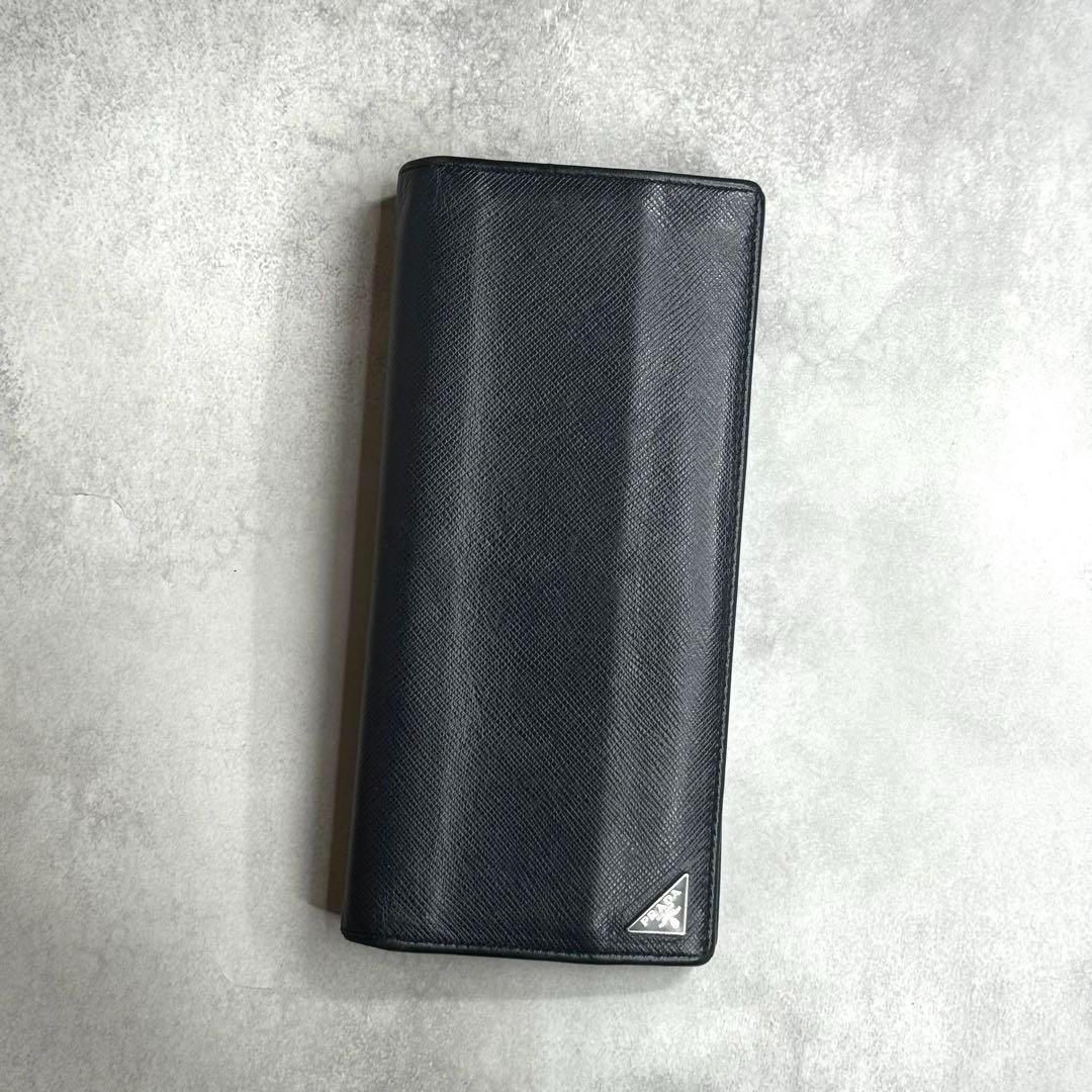 Prada Saffiano Leather Long Wallet with Triangle Logo in Navy Blue