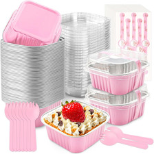 50 Pcs Mini Cake Pans with Lids and Spoons Aluminum Foil Mini Square Baking Cups