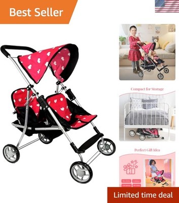 Delightful Doll Twin Stroller - Heart Pattern, Swivel Wheels, Great Gift