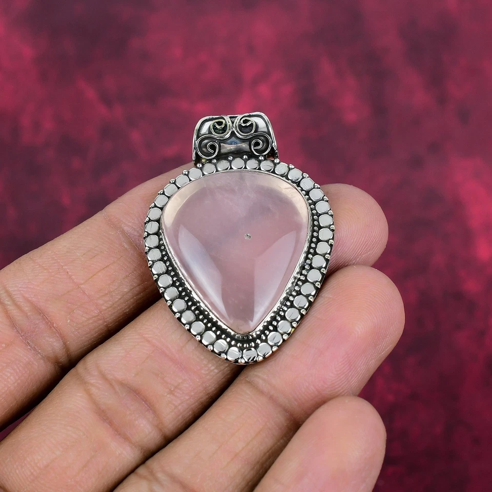 Colgante de plata de acero 925 hecho a mano con piedras preciosas equilibradoras de cuarzo rosa joyería Foto 3 de 4