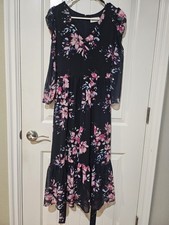 Eliza J Floral Belted Maxi Dress Sheer Sleeve Navy Pink Size 6
