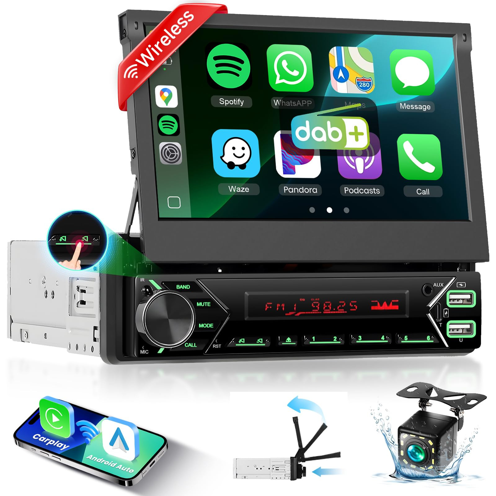 Autoradio Podofo 1 DIN Wireless Android Auto e CarPlay con DAB+