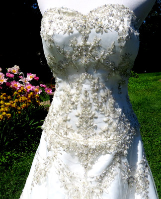 Kenneth Winston white strapless heavy silver crystal embr train 3 pt bustle Sz10