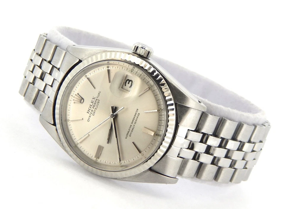 Reloj Rolex Datejust 1601 para hombre de acero inoxidable de oro blanco de 18 quilates con esfera plateada