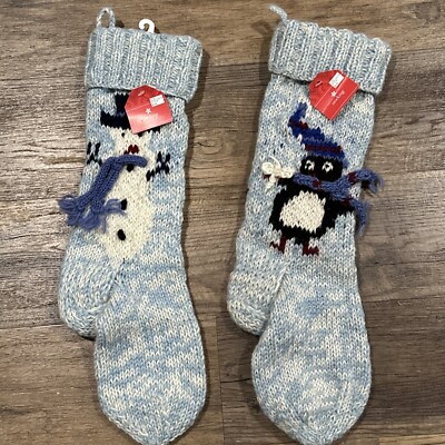2 Santa's Best Wool Knitted Christmas Stocking Sock Blue Penguin Snowman Target