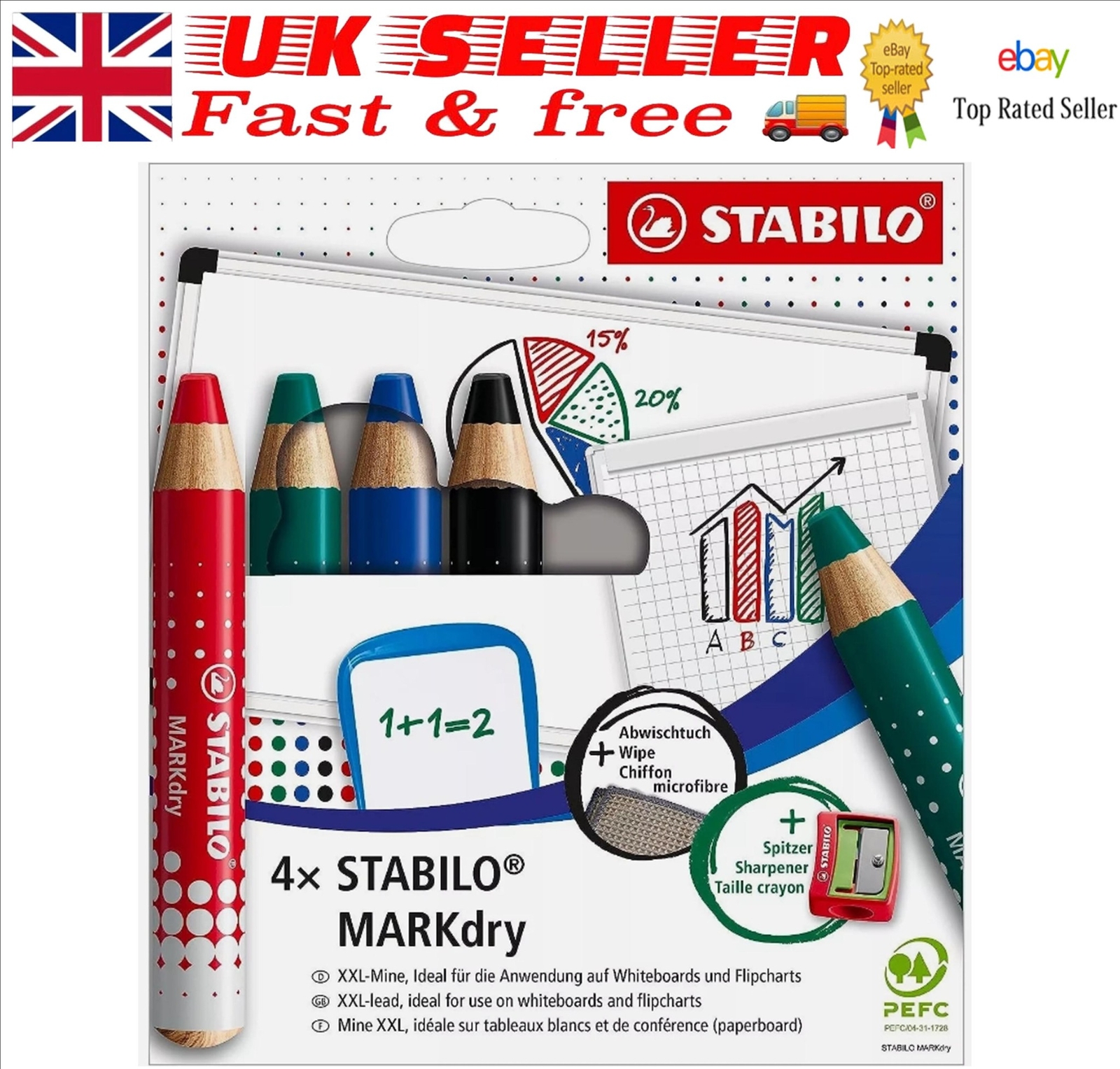 STABILO MARKDRY WHITEBOARD & FLIPCHART MARKER PENS W/ SHARPENER & CLOTH