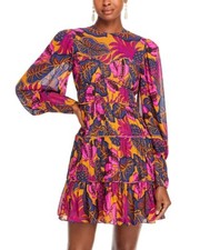 FARM RIO Anthropologie Fruit Dream Pleated Long Sleeve Mini Dress, Size XL