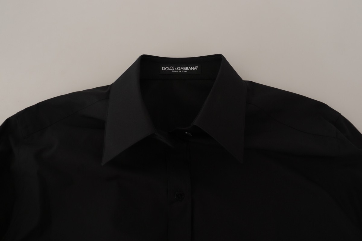 VIPSALE【DOLCE & GABBANA】コットンTシャツ DOLCE & GABBANA Top Black Cotton Collared Formal Dress Shirt