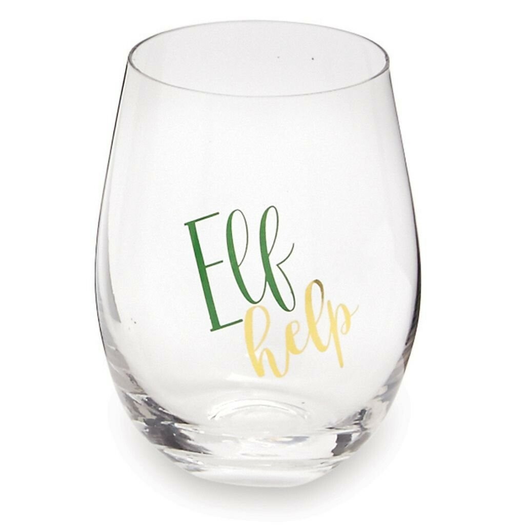EW Mud Pie Tartan Stemless Wine Glass "Elf Help" Cork Stopper Set 16 oz